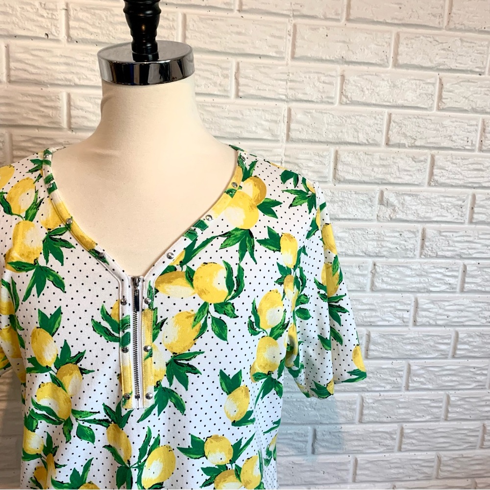 Rafaella White Short Sleeved Lemon and Polka Dot Print Tee